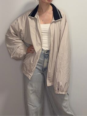 Vintage Tommy Hilfiger Beige Bomber Jacket with Navy Contrast Collar